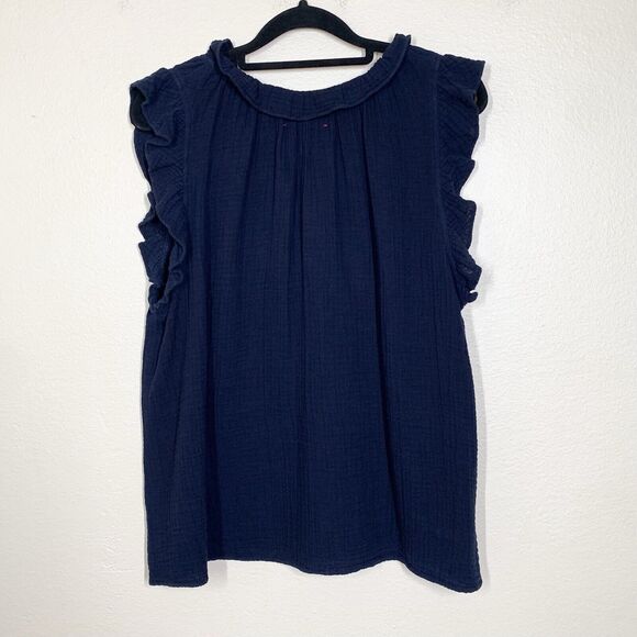 Xirena Bex Gauze Top M Navy Blue 100% Cotton V-Neck Ruffle Cap Sleeve - Picture 4 of 7